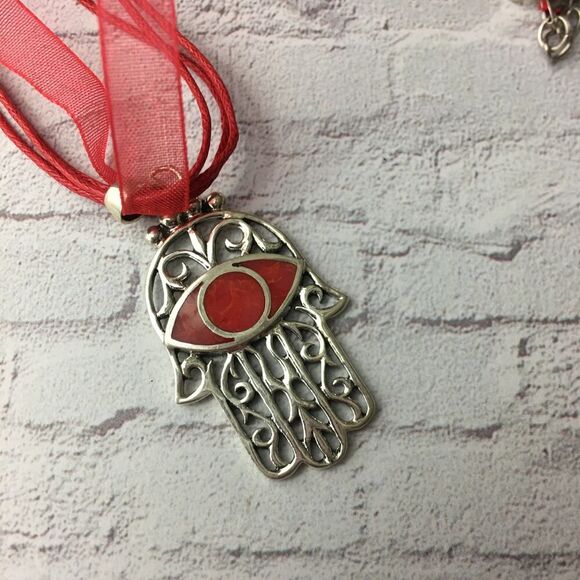 Hamsa Red Coral Sterling Silver Pendant Necklace - Picture 3 of 4